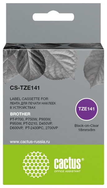 Совместимый картридж ленточный CACTUS CS-TZE141 черный для Brother PT-P700 P750W P900W P950W PT-D210 D450VP D600VP PT-2430PC 2700VP