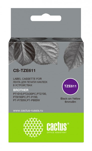 Совместимый картридж ленточный CACTUS CS-TZE611 черный Brother P-touch 1010, 1280, 2700VP